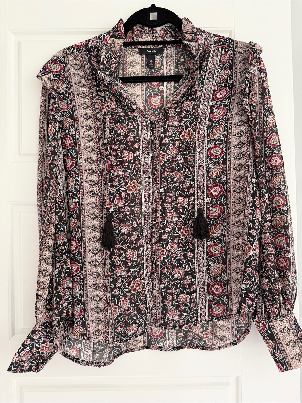 Aqua Floral Tassel Tie Boho Blouse